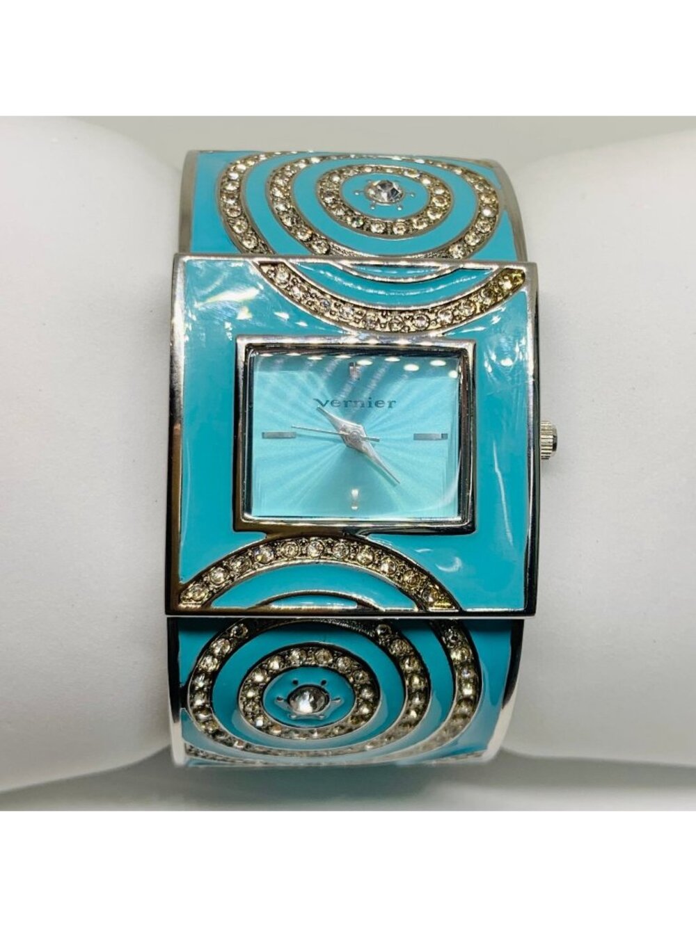 Vernier two tone cuff bracelet watch 32mm quartz rhinestones 6.5” running
